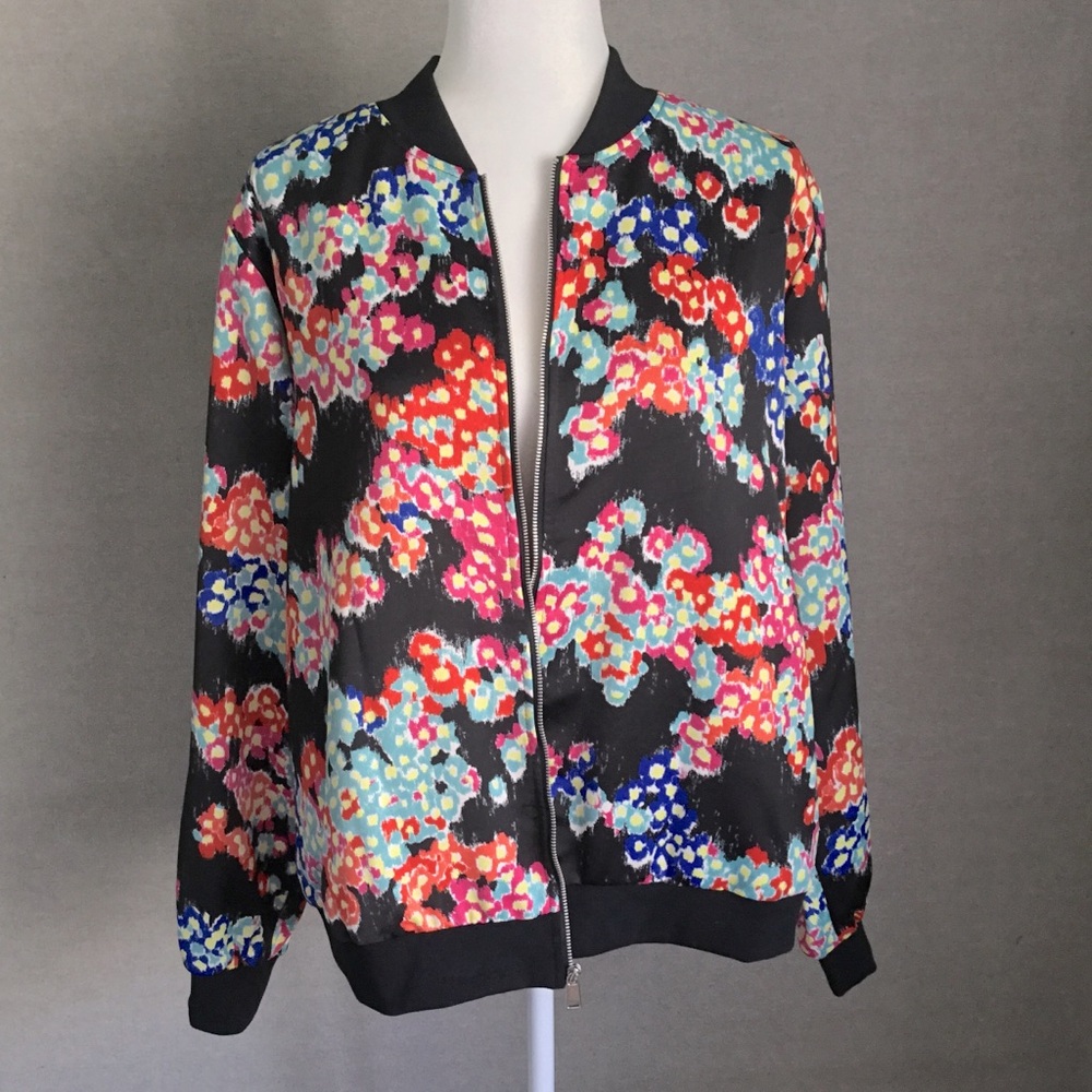 J Jason Wu Black Floral Zippered Bomber Jacket Size L